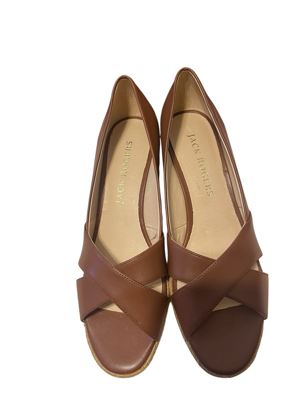 Jack Rogers Brown Leather Crisscross Wedge Espadrille Sandal Preppy sz 9 NIB - Picture 3 of 11
